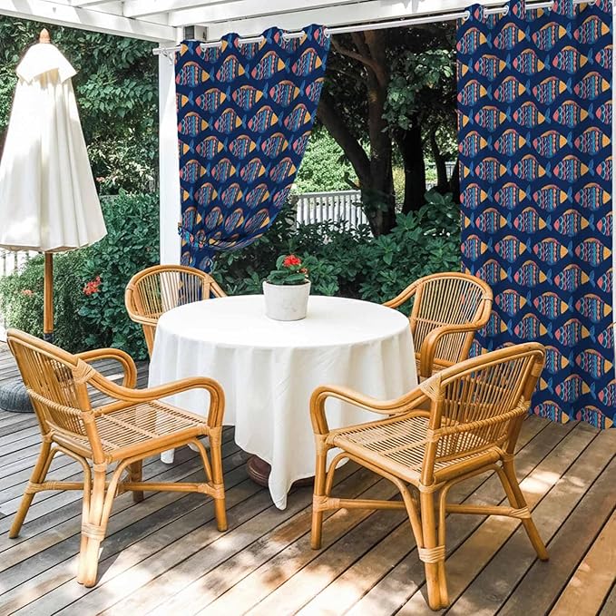 Fish Outdoor Curtains for Patio Vintage National Wind Fish Blue Waterproof Outside Curtains with Grommet Top Weatherproof Curtain for Cabana Pergola Gazebo, 2 Pack, 54" W x 84" L