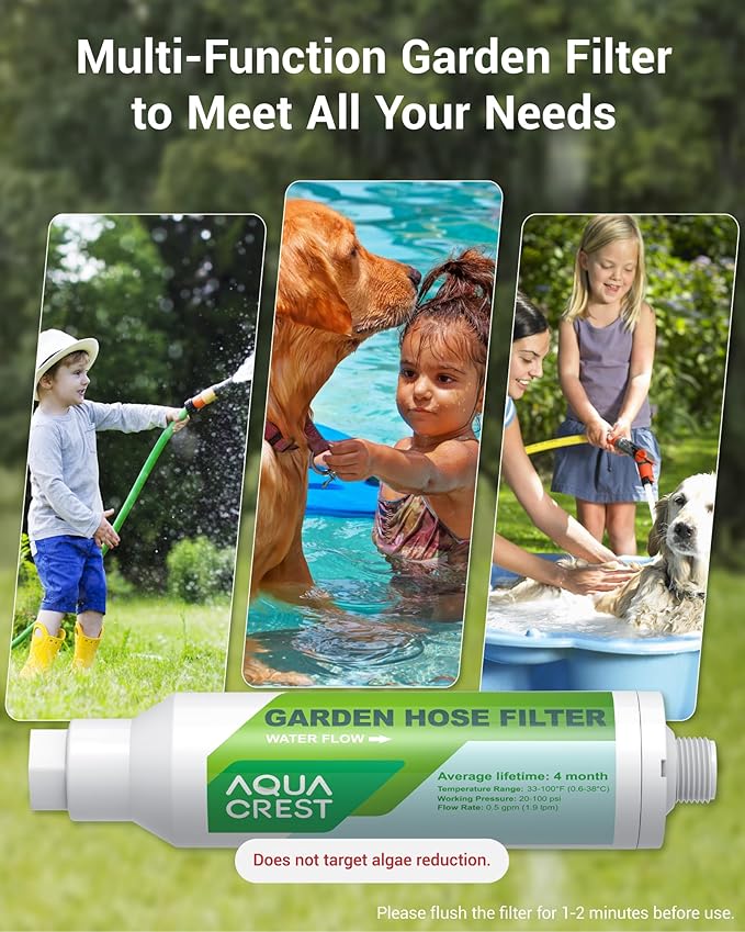 AQUA CREST Garden Hose Water Filter for Plants, Greatly Reduces Chlorine, Odor, Improve Plants Health, Ideal for Organic Gardening, Farming and Pets, 4 Pack with 2 Hose Protector