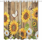 Farmhouse Sunflowers Living Room Curtains 96 Inch Length, Window Curtains Tab Top, Rustic Floral Buttterfly Wood Board Brown Light Filtering Window Treatments Drapes 52"x96" 2 Panel
