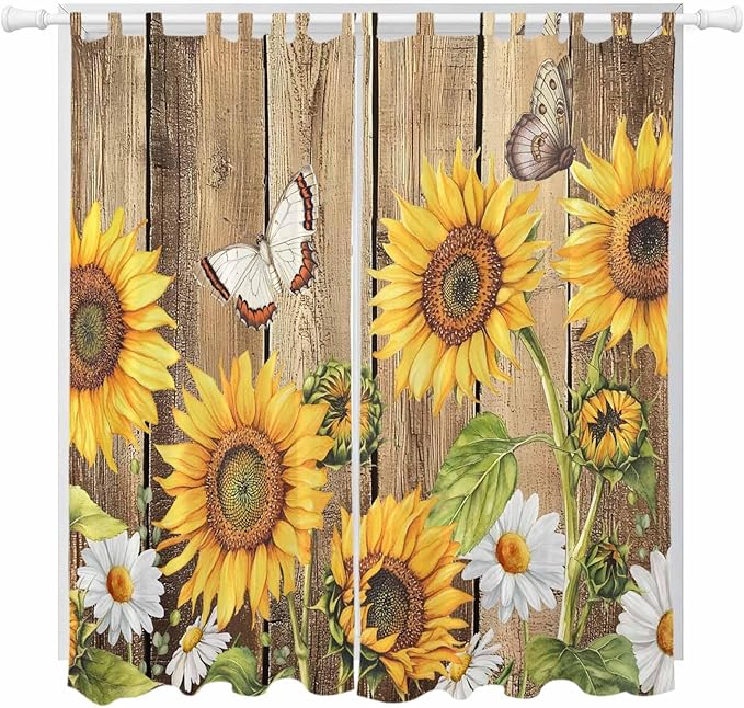 Farmhouse Sunflowers Living Room Curtains 84 Inch Length, Window Curtains Tab Top, Rustic Floral Buttterfly Wood Board Brown Light Filtering Window Treatments Drapes 52"x84" 2 Panel