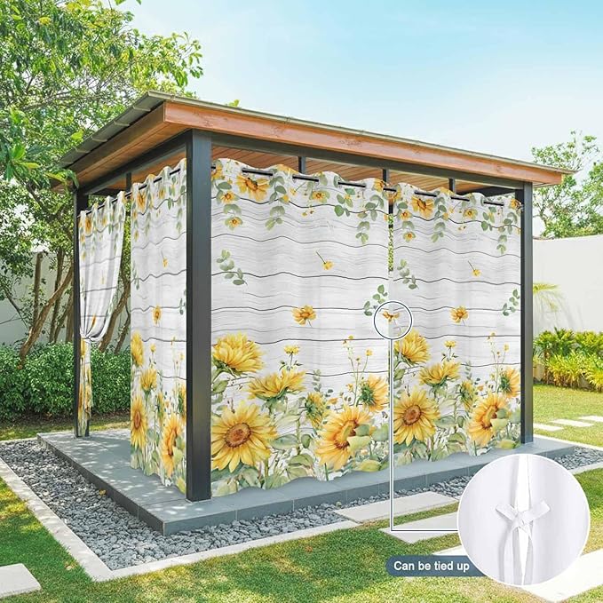 Sunflowers Outdoor Curtains for Patio Summer Floral Eucalyptus Leaf Wood Plank Waterproof Outside Curtains with Grommet Top Weatherproof Curtain for Cabana Pergola Gazebo, 2 Pack, 54" W x 95" L