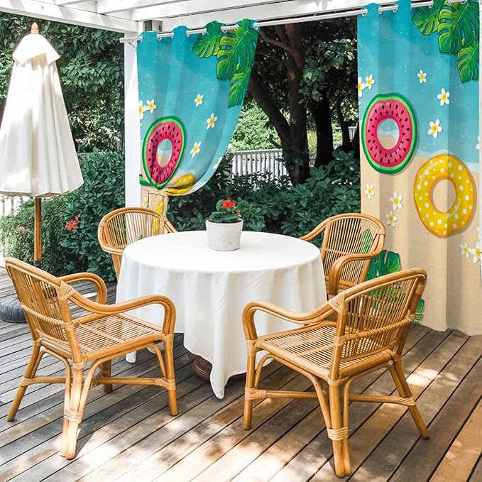 Summer Outdoor Curtains for Patio Plumeria Swimming Circles Ocean Beach Waterproof Outside Curtains with Grommet Top Weatherproof Curtain for Cabana Pergola Gazebo, 2 Pack, 54" W x 95" L
