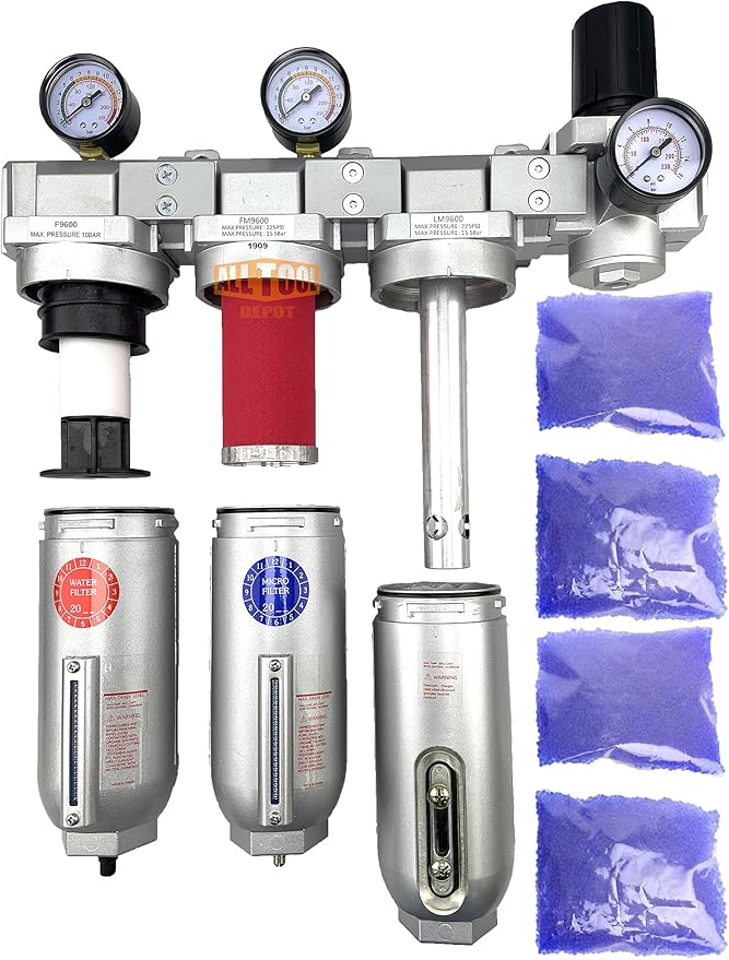 3/4" NPT SUPER DUTY Industrial Grade 4 Stages Filter Coalescing Desiccant Dryer Regulator System For Compressed Air Lines, Metal Bowls, Great For Paint Spray And Plasma Cutter (AUTO DRAIN)