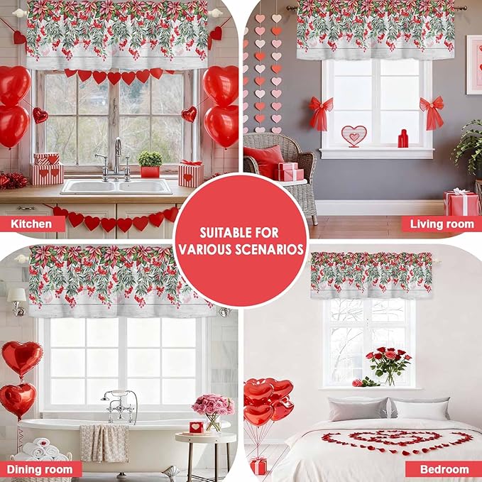Poinsettia Berry Valance Curtains for Kitchen, Red Floral Winter Plants Vintage Wood Grain Privacy Rod Pocket Valance Curtain, Light-Filtering Window Treatment for Bedroom Bathroom, 42"x12"