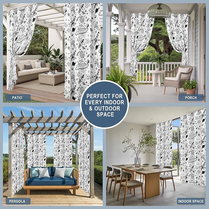 Cartoon Space Outdoor Curtains for Patio Rockets Astronauts Planets Black Waterproof Outside Curtains with Grommet Top Weatherproof Curtain for Cabana Pergola Gazebo, 1 Panel, 54" W x 95" L