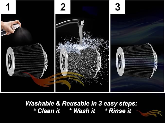 BLACK 3.5" 89 mm Inlet Narrow Air Cone Replacement Performance Washable Clamp-On Dry Air Filter