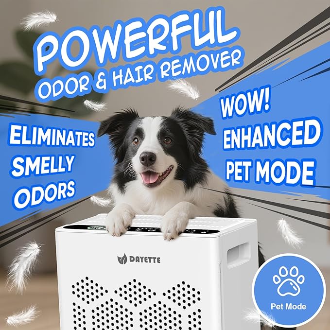 DAYETTE Air Purifiers for Home Large Room Up to 2400 Ft² with Washable Pre-Filter, H14 HEPA Air Filter, Air Quality Monitor, Pet Mode Sleep Mode for Allergies, Pet Hair in Bedroom, Living Room, Office