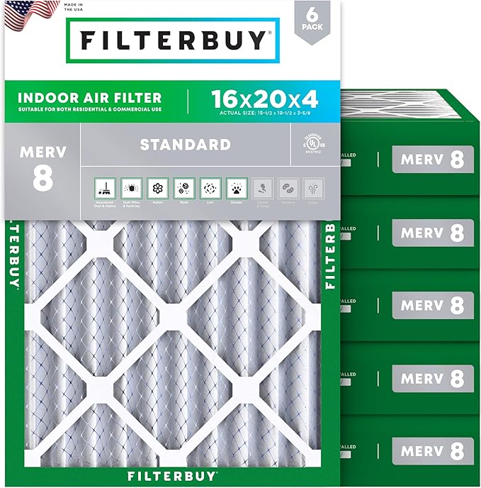 Filterbuy 16x20x4 Air Filter MERV 8 Essential Dust & Allergy Defense (6-Pack), Electrostatic Pleated HVAC AC Furnace Filters Replacement, Made in USA (Actual Size: 15.50 x 19.50 x 3.63)