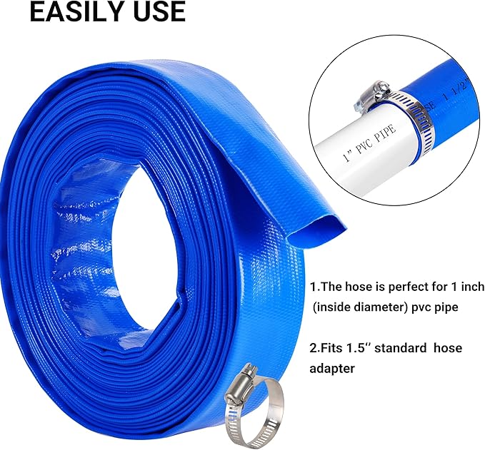 1-1/2"(Flat 2.6’’ width) x 100 FT Pool Backwash Hose, Blue Heavy Duty Reinforced PVC Lay Flat Water Discharge Hose for Swimming Pool Filter Pump,with 2 Clamp
