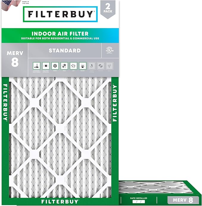 Filterbuy 8x24x1 Air Filter MERV 8 Essential Dust & Allergy Defense (2-Pack), Electrostatic Pleated HVAC AC Furnace Filters Replacement, Made in USA (Actual Size: 8.00 x 24.00 x 0.75)