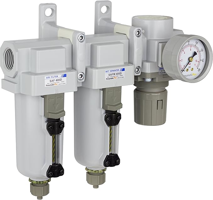 PneumaticPlus SAU430-N06G-MEP Three Stage Air Drying System Particulate Air Filter, Coalescing Filter, Air Pressure Regulator Combo 3/4" NPT - Metal Bowl, Manual Drain, Bracket, Gauge