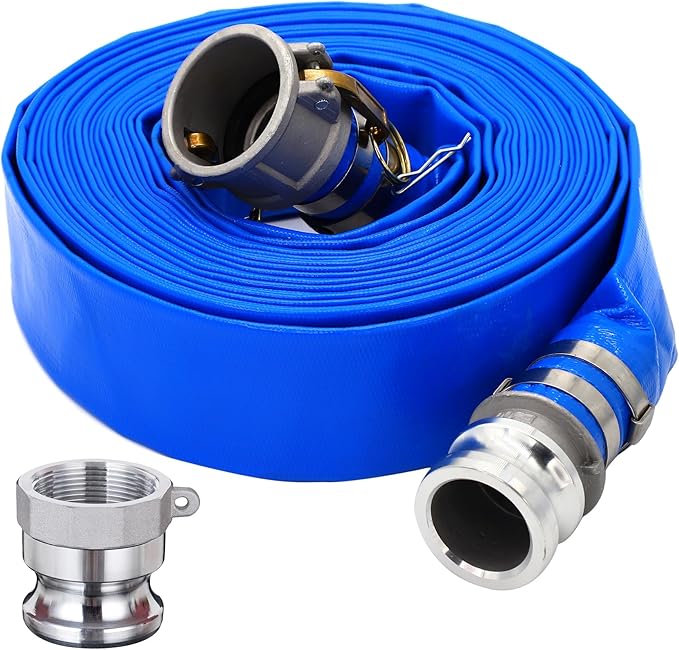 DAVCO 2" ID × 50 ft PVC Lay Flat Discharge Hose, Heavy Duty Reinforced Blue Pool Backwash Hoses For Swimming Drain Pools, with Aluminum Camlock C and E Fittings, Cam Lock Fitting Type A included