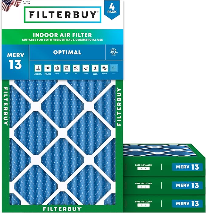Filterbuy 14x25x2 Air Filter MERV 13 Optimal Smoke & Allergy Defense (4-Pack), Electrostatic Pleated HVAC AC Furnace Filters Replacement, Made in USA (Actual Size: 13.50 x 24.50 x 1.75)