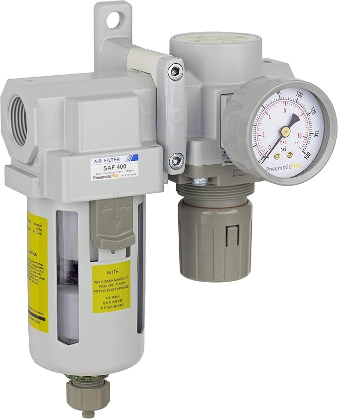 PneumaticPlus SAU420-N06G Compressed Air Filter Regulator Combo 3/4" NPT - Poly Bowl, Manual Drain, Bracket, Gauge