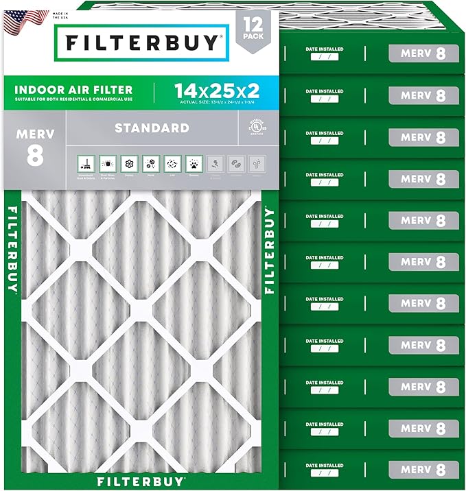 Filterbuy 14x25x2 Air Filter MERV 8 Essential Dust & Allergy Defense (12-Pack), Electrostatic Pleated HVAC AC Furnace Filters Replacement, Made in USA (Actual Size: 13.50 x 24.50 x 1.75)
