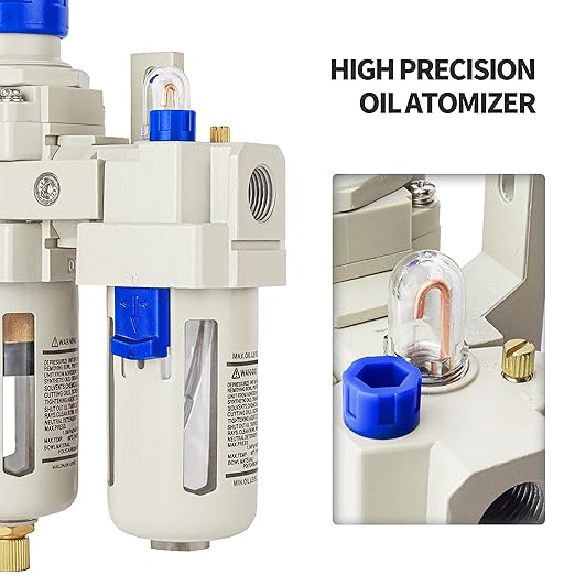 BLCH 3/8" NPT Air Compressor Water Separator - Air Pressure Regulator Compressed Air Filter Regulator Lubricator Combo AC3010-03 Semi-auto Drain Poly Bowl Gauge 0-160 PSI 5μm Brass