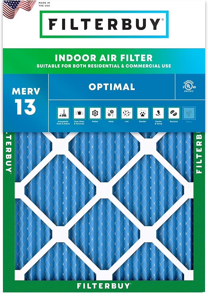 Filterbuy 15x20x1 Air Filter MERV 13 Optimal Smoke & Allergy Defense (1-Pack), Electrostatic Pleated HVAC AC Furnace Filters Replacement, Made in USA (Actual Size: 14.50 x 19.50 x 0.75)