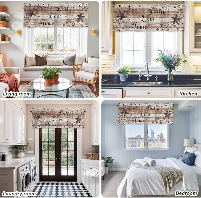 Rustic Star Brown Curtain Valances for Windows, Kitchen Valance Window Treatment, Vintage Plants Berry Wooden Grain Light Filtering Block Curtains for Bathroom/Bedroom/Living Room 54'' x 18''