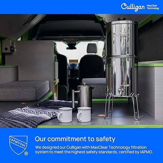 Culligan MaxClear 3 Gallon Gravity Water Filter System, Brushed Stainless-Steel Countertop Water Filter NSF/ANSI Certified to Reduce Microplastics, Lead & Total PFAS, with 6 Ceramic Filters