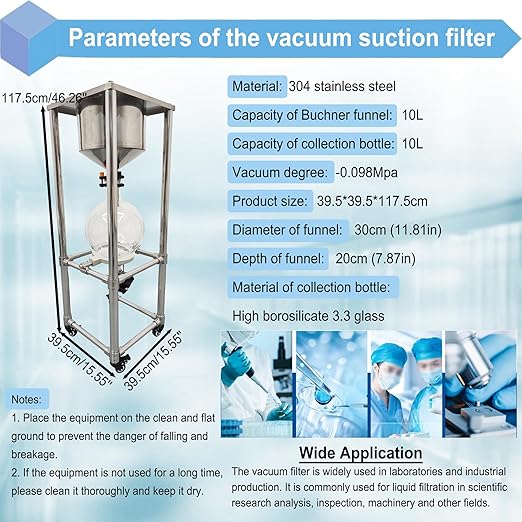 50L Vacuum Filtration System, Negative Pressure Suction Filter with Stainless Steel Buchner Funnel & Glass Filter Flask, Discharge Valve & Brake Casters, for Lab Chemical Industrial Use