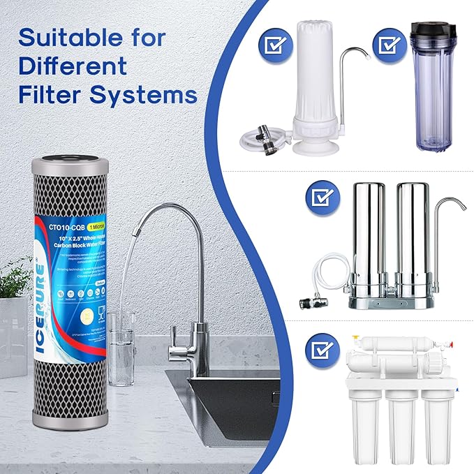 ICEPURE 1 Micron 10" x 2.5" Whole House Upgraded Coconut Shell Activated Water Filter Lead Remove Filter Cartridge Replacement for WFPFC8002, SCWH-5, WHCF-WHWC, FXWTC, CTO10-CQB, RO Unit, 3PACK