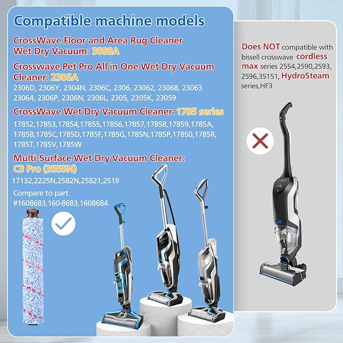 Filter Brush Replacement Compatible with Bissell CrossWave, 4 Brush Roll 1868 + 3 Vacuum Filter 1866, Compare to Part 1608683, 160-8683, 1608684