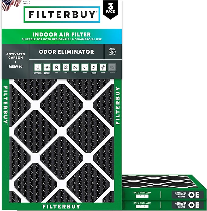 Filterbuy 14x25x1 Air Filter MERV 10 Odor & Allergy Defense with Activated Carbon (3-Pack), Electrostatic Pleated HVAC AC Furnace Filters Replacement, Made in USA (Actual Size: 13.50 x 24.50 x 0.75)
