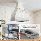 CHETTO C Stainless Steel Range Hood Cover with 4-Speed Vent Hood Insert Custom Handcrafted Metal Kitchen Fan with Towel Rack LED Light 30"W x27"D x33"H White Island Mount