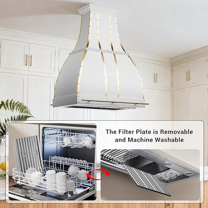 CHETTO C Stainless Steel Range Hood Cover with 4-Speed Vent Hood Insert Custom Handcrafted Metal Kitchen Fan with Towel Rack LED Light 60"W x27"D x18"H White Island Mount