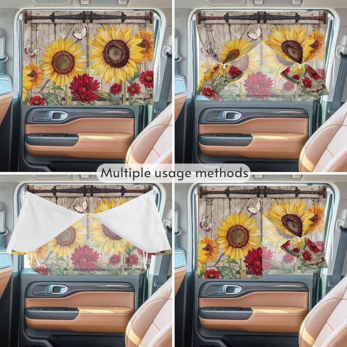 Sunflowers Magnetic Double Layer Car Window Shades,Side Window Curtains for Blackout/Breathable Mesh View,Retro Flower Barn Doors Butterfly Farmhouse Brown Heat Protection Sun Shades 26x20in 1pcs
