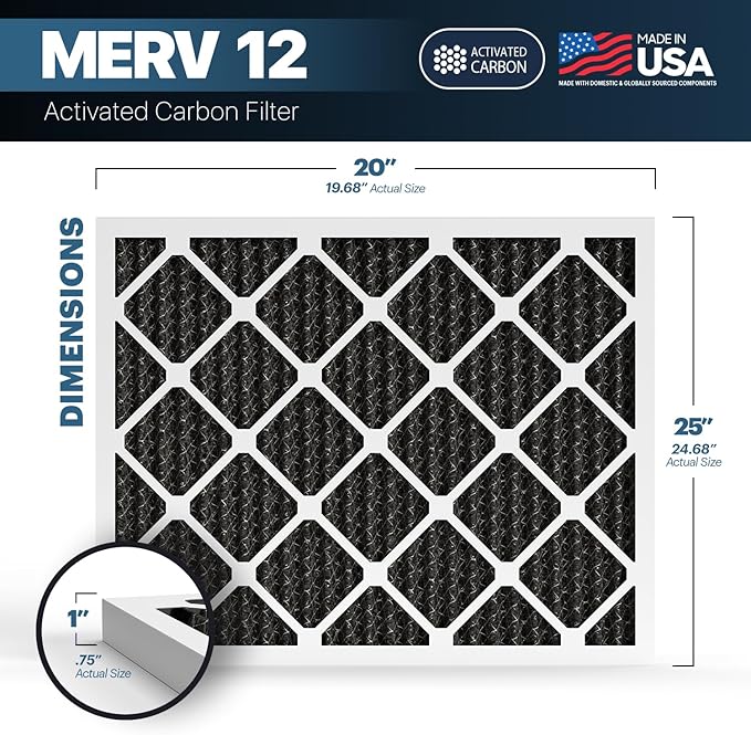 BNX TruFilter 20x25x1 MERV 12 Odor Defense (6-Pack) AC Furnace Air Filter with Activated Carbon - MADE IN USA - Pleated Air Conditioner HVAC AC Furnace Filters - Removes Odor, Mold, Bacteria, Smoke