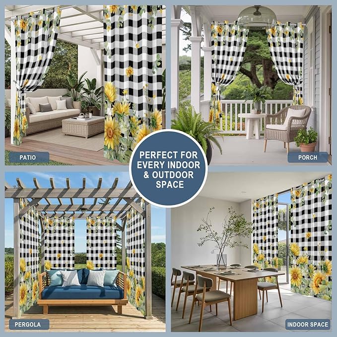 Sunflowers Outdoor Curtains for Patio Summer Floral Eucalyptus Leaf Buffalo Check Waterproof Outside Curtains with Grommet Top Weatherproof Curtain for Cabana Pergola Gazebo, 1 Panel, 54" W x 108" L
