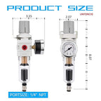 NANPU 1/4" NPT Compressed Air Filter Regulator Combo Piggyback, Auto Drain, 5 Micron Brass Element, Poly Bowl, Metal Bracket, 0-150 psi Gauge