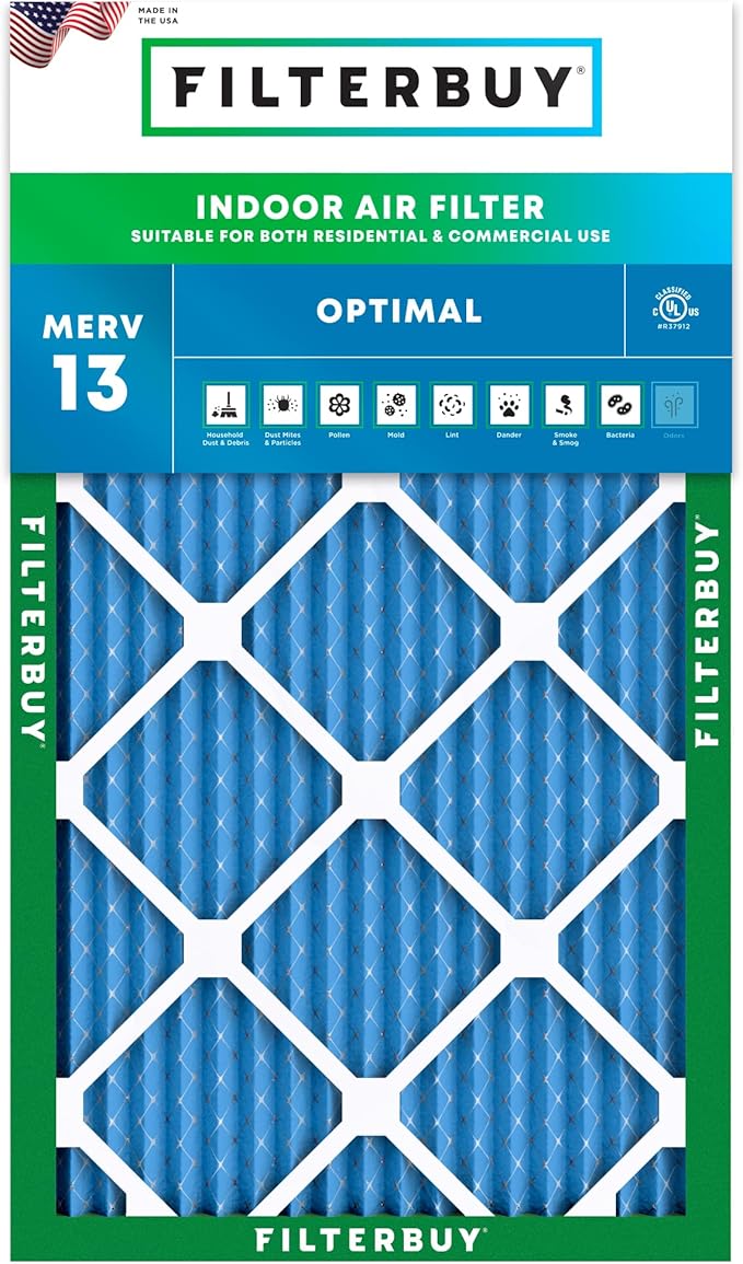 Filterbuy 10x30x1 Air Filter MERV 13 Optimal Smoke & Allergy Defense (1-Pack), Electrostatic Pleated HVAC AC Furnace Filters Replacement, Made in USA (Actual Size: 9.50 x 29.50 x 0.75)