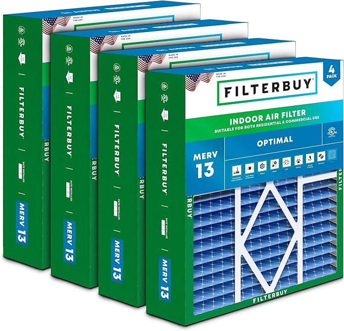 Filterbuy 19x20x5 Air Filter MERV 13 Optimal Smoke & Allergy Defense (4-Pack), Pleated HVAC AC Furnace Filters for Bryant, Carrier, BDP, Day & Night, and Payne (Actual Size: 19.06 x 19.81 x 4.25)