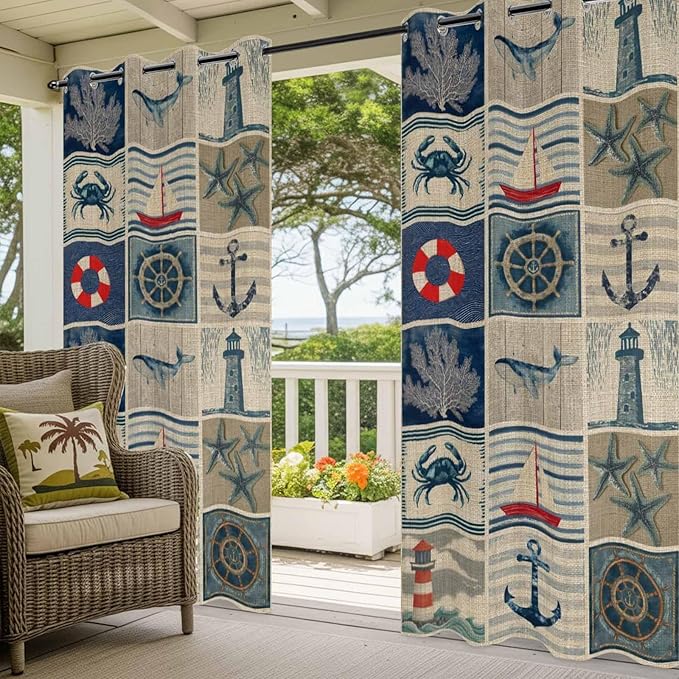 Oceans Outdoor Curtains for Patio Shell Starfish Whales Summer Vintage Waterproof Outside Curtains with Grommet Top Weatherproof Curtain for Cabana Pergola Gazebo, 2 Pack, 54" W x 108" L