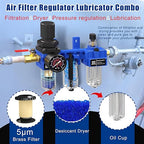 NEWPO 1/4" NPT Compressed Air Filter Regulator Lubricator Combo, Water/Oil Trap Separator,Brass Filter & Desiccant Dryers,Semi-Auto Drain,Metal Bracket-Blue