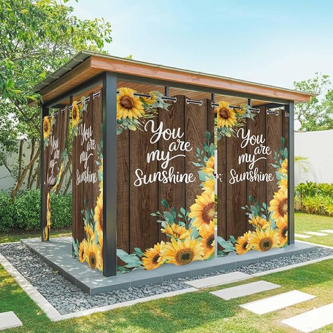 Summer Outdoor Curtains for Patio Sunflowers Eucalyptus Leaves Wood Waterproof Outside Curtains with Grommet Top Weatherproof Curtain for Cabana Pergola Gazebo, 1 Panel, 54" W x 95" L