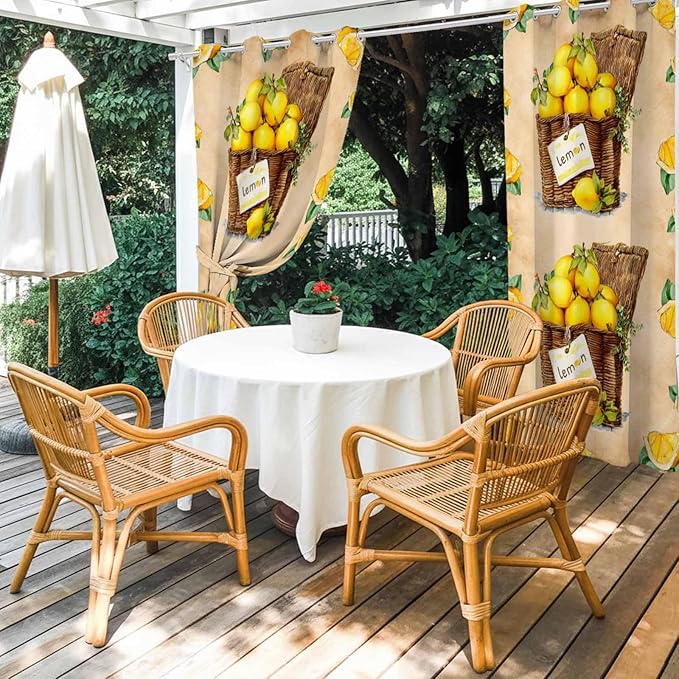 Lemon Outdoor Curtains for Patio Lemons in Baskets Summer Tropical Plant Brown Waterproof Outside Curtains with Grommet Top Weatherproof Curtain for Cabana Pergola Gazebo, 2 Pack, 54" W x 95" L