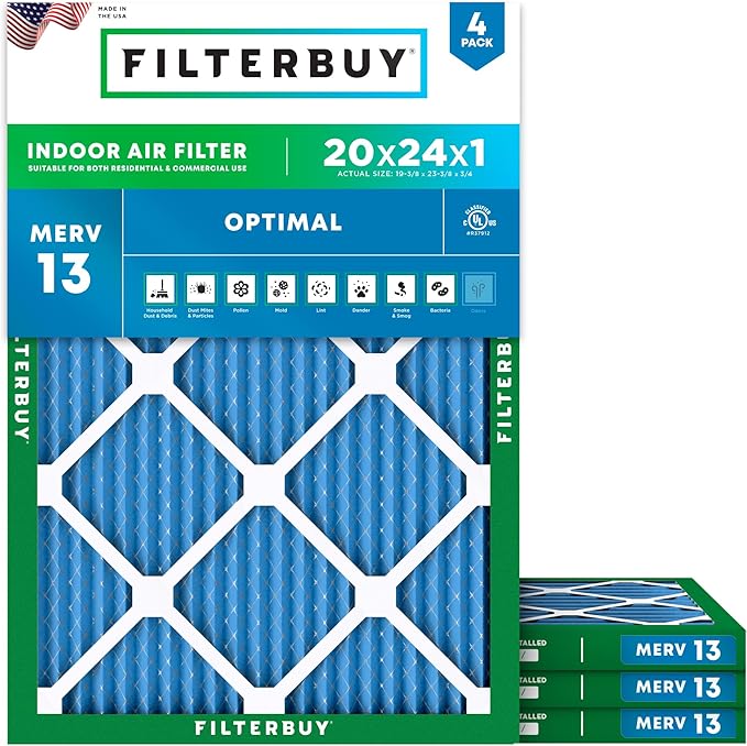 Filterbuy 20x24x1 Air Filter MERV 13 Optimal Smoke & Allergy Defense (4-Pack), Electrostatic Pleated HVAC AC Furnace Filters Replacement, Made in USA (Actual Size: 19.38 x 23.38 x 0.75)