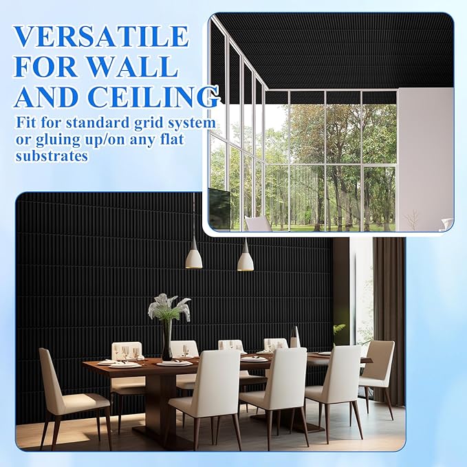 Nuanchu 60 Pcs 3D Slat Wall Panels 12 x 12 Inch PVC Fluted Textured Panel Cuttable Paintable DIY Wall Art Decorative Tiles for Ceiling Studio Bathroom Interior TV Background (Black)