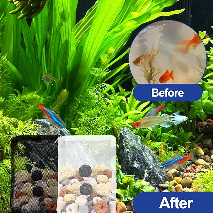 16 Pcs Aquarium Filter Media Bags with Plastic Zipper, Fish Tank Fine Mesh Bags for Activated Charcoal Aquarium, Reusable Aquarium Accessories for Ceramic Rings, Volcano Rock(4inx6in Black, White)