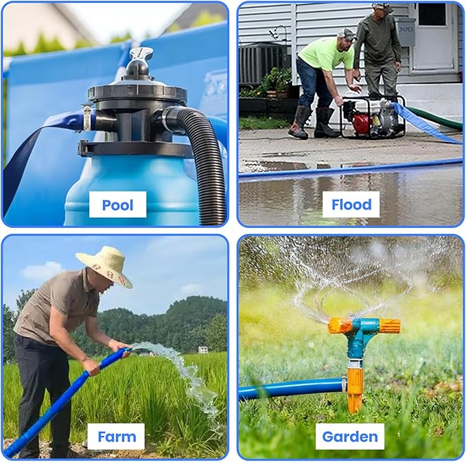 Poolvio Backwash Hose 1-1/2" x 50 ft, Blue Lay-Flat PVC Discharge Hose with 2 Stainless Steel Thumb Screw Clamps, Leak-Free for Swimming Pool Filter Cleaning, Flooded Area, Pond Draining