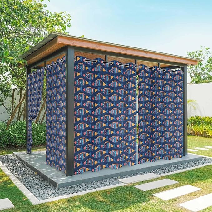 Fish Outdoor Curtains for Patio Vintage National Wind Fish Blue Waterproof Outside Curtains with Grommet Top Weatherproof Curtain for Cabana Pergola Gazebo, 2 Pack, 54" W x 95" L