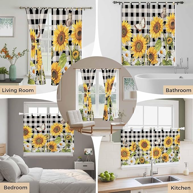Sunflowers Living Room Curtains 84 Inch Length, Window Curtains Tab Top, Yellow Flowers Butterfly Farmhouse Black Plaid Light Filtering Window Treatments Drapes 42"x84" 2 Panel
