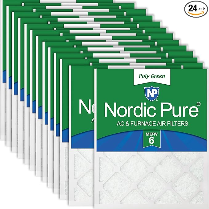 Nordic Pure 18x24x1 (Actual Size: 17 1/2 x 23 1/2 x 3/4) Poly Green MERV 6 AC Furnace Air Filters – Reduces Dust, Pollen, Pet Dander & Allergens – 24-Pack