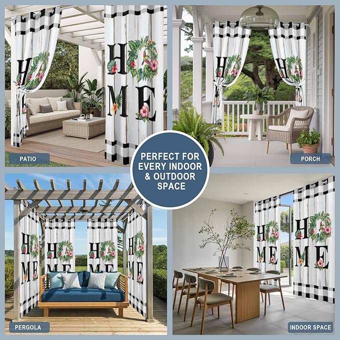 Summer Outdoor Curtains for Patio Leaves Garland Plumeria Wood Buffalo Plaid Waterproof Outside Curtains with Grommet Top Weatherproof Curtain for Cabana Pergola Gazebo, 1 Panel, 54" W x 108" L