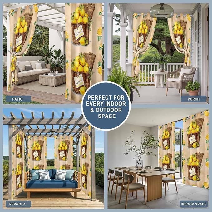 Lemon Outdoor Curtains for Patio Lemons in Baskets Summer Tropical Plant Brown Waterproof Outside Curtains with Grommet Top Weatherproof Curtain for Cabana Pergola Gazebo, 1 Panel, 54" W x 108" L