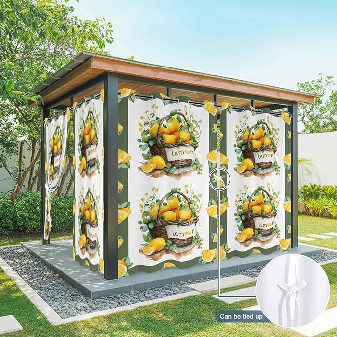 Lemon Outdoor Curtains for Patio Lemons Baskets Summer Tropical Plant Waterproof Outside Curtains with Grommet Top Weatherproof Curtain for Cabana Pergola Gazebo, 1 Panel, 54" W x 84" L