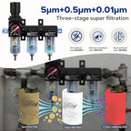 NEWPO 1/4" NPT Air Drying System,Air Filter Pressure Regulator for Spray Guns and Pnuematic Tools, Air Dryer for Compressor, 5＆0.5&0.01 Micron Filter Cartridge,Semi-Auto Drain (Black)